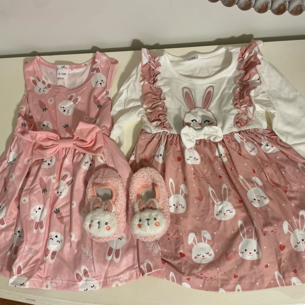 Pink Bunny Twirl Dress & Bunny Top Set with Plush Slippers perfect for Easter